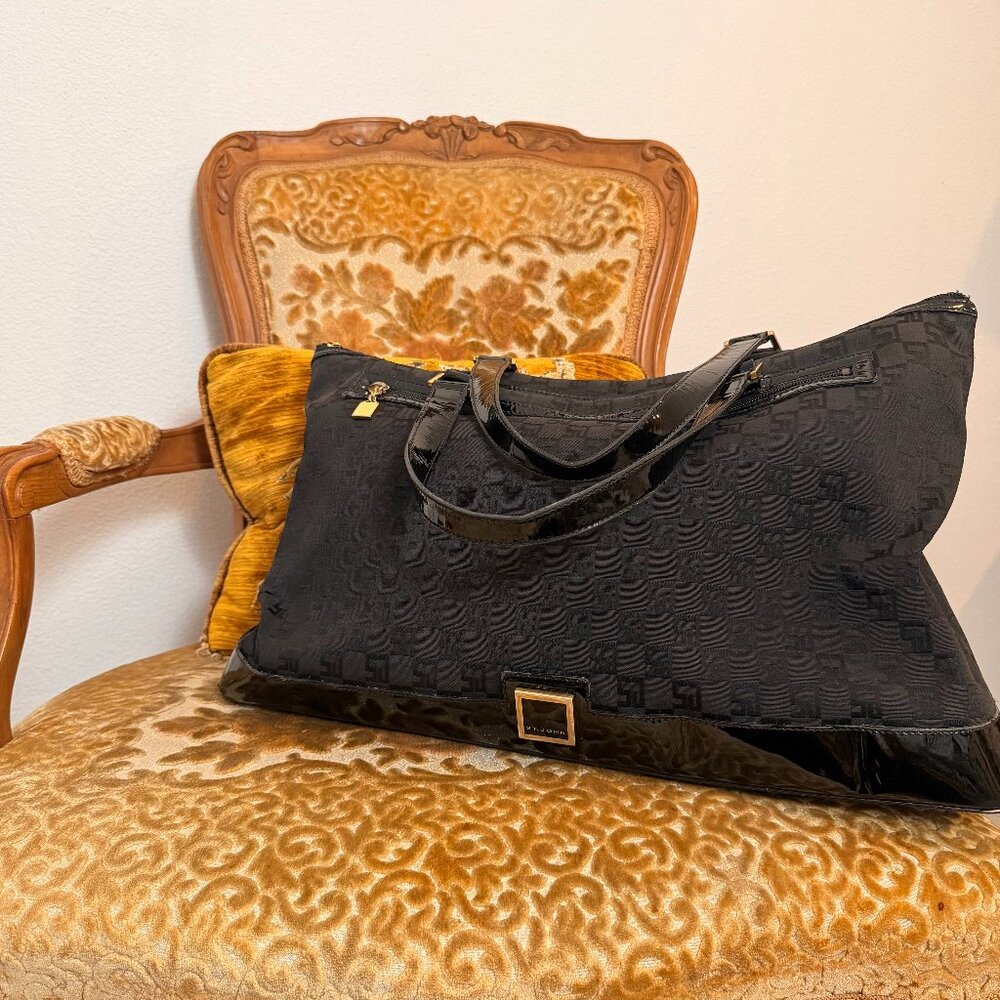 St. John Black Monogram Jacquard Tote Patent Trim Designer Large Shoulder Bag - Picture 1 of 4